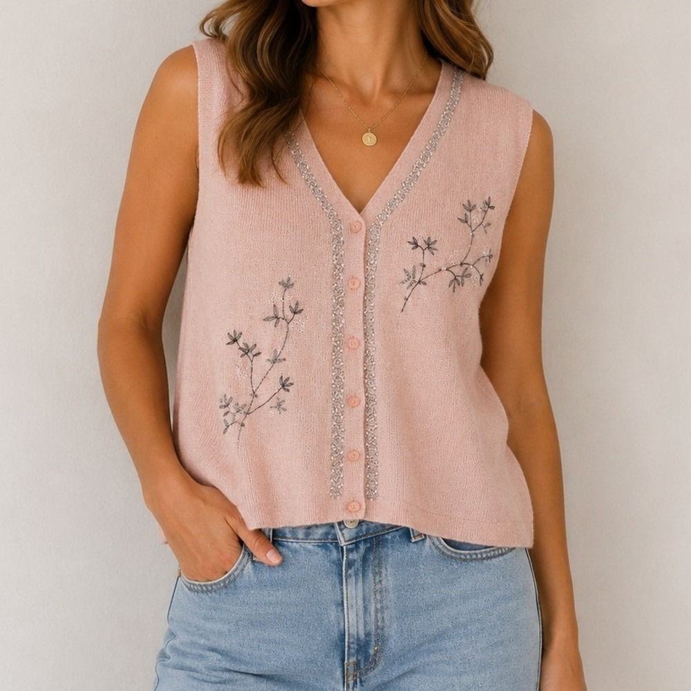 Vintage Koret Floral Embroidered Knit Sweater Vest Cottagecore Prairie Coquette